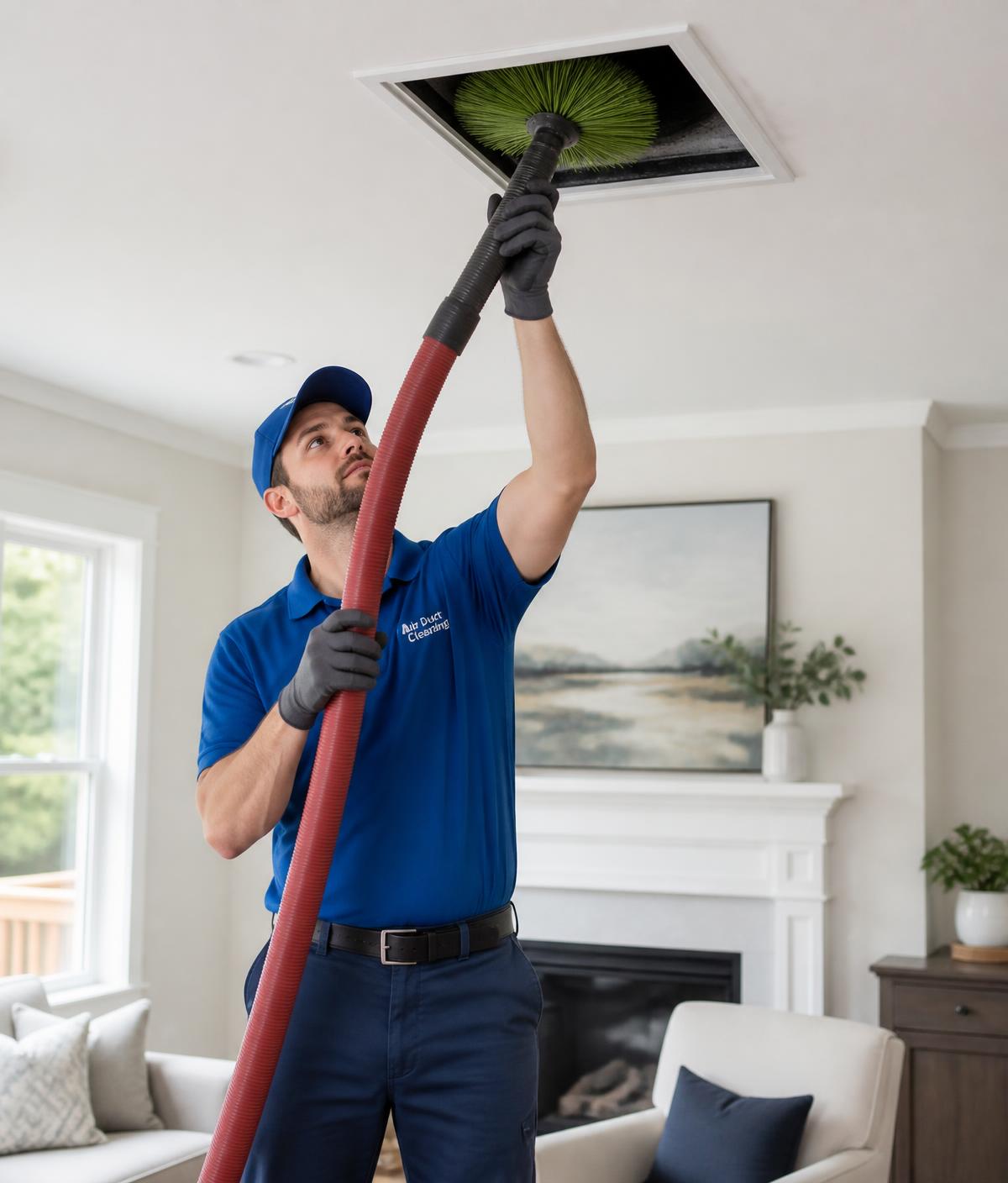 Technician cleaning a ceiling air duct with a rotary brush and vacuum hose in a home